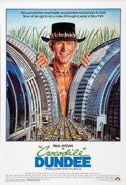 Crocodile Dundee DVD cover with actor Paul Hogan in futurist urban landscape with grasses behind